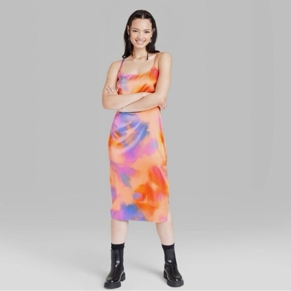 WILD FABLE VIBRANT TIE DIE MULTICOLOR SUNSET MIDI SATIN SPAGHETTI DRESS - Picture 1 of 7
